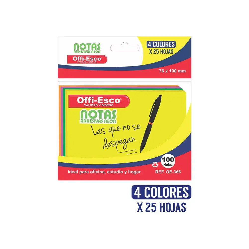 Notas Autoadhesivas Neón 76X100mm X 100 OE-366 Offi-Esco