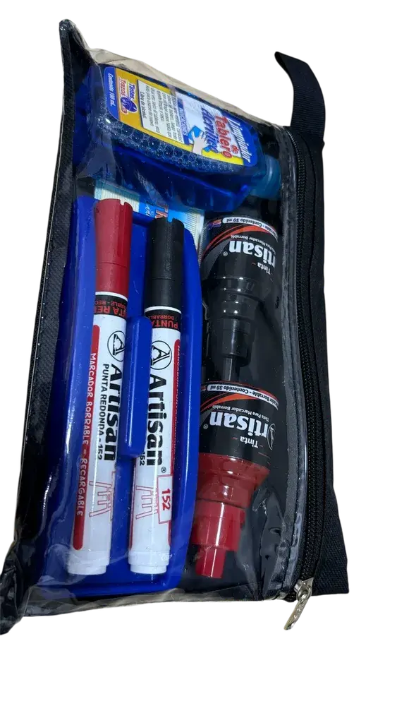 Kit Borrador De Tablero Acrílico + 2 Marcadores + 2 Tintas+ Limpiador de Tablero